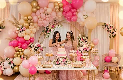 Birthday party decoration with balloons and themed backdrop